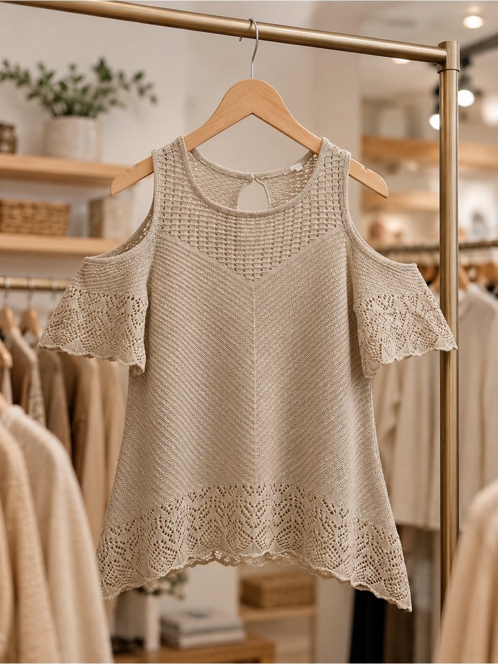 LC Lauren Conrad Cream Cold-Shoulder Knit Top with Lace Hem